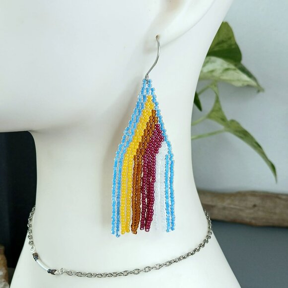 Retro Beaded Fringe Cascade Dangle Earrings, Boho Statement Artisan, 3.5" - Picture 1 of 7